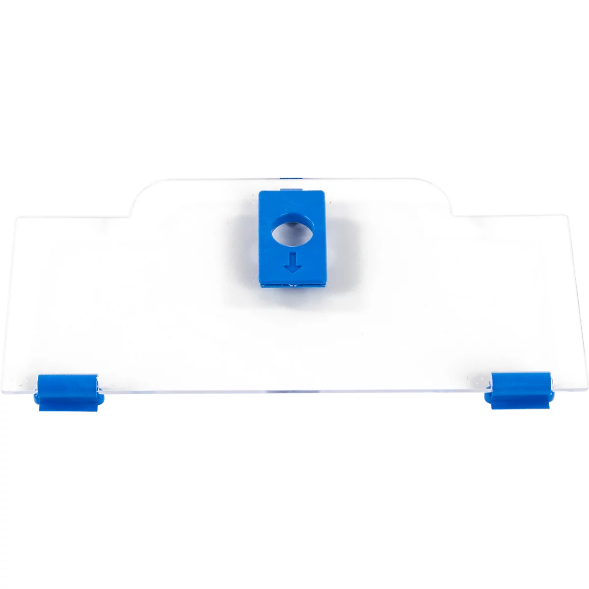Transparente Kunststoffplatte mit blauen Befestigungselementen und einem zentralen, blauen Steckmodul.
