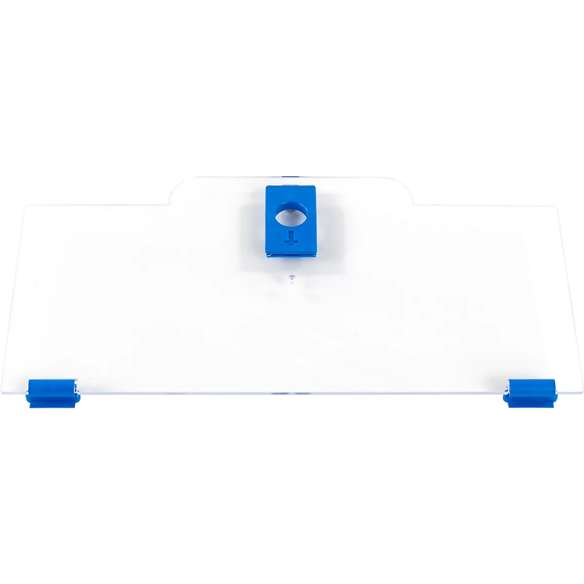 Transparenter Kunststoff-Spritzschutz mit blauen Halterungen vor weißem Hintergrund.