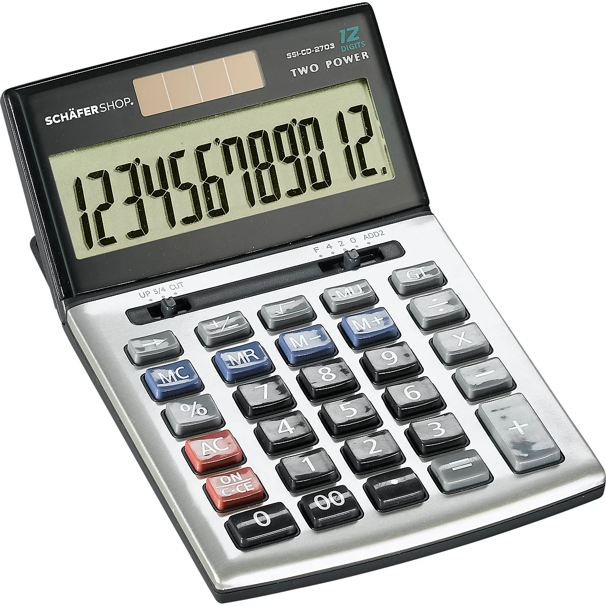 Calculator showing the number 123456789012. Many keys, including numbers, plus, minus, and memory.