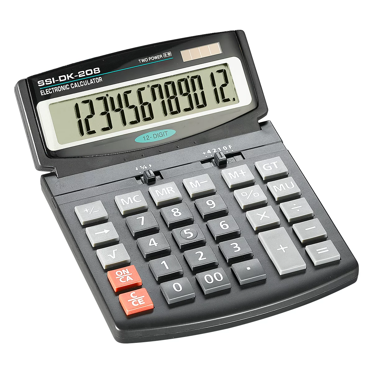 Black calculator displaying the number 123456789012. Buttons with numbers, calculation symbols and functions.