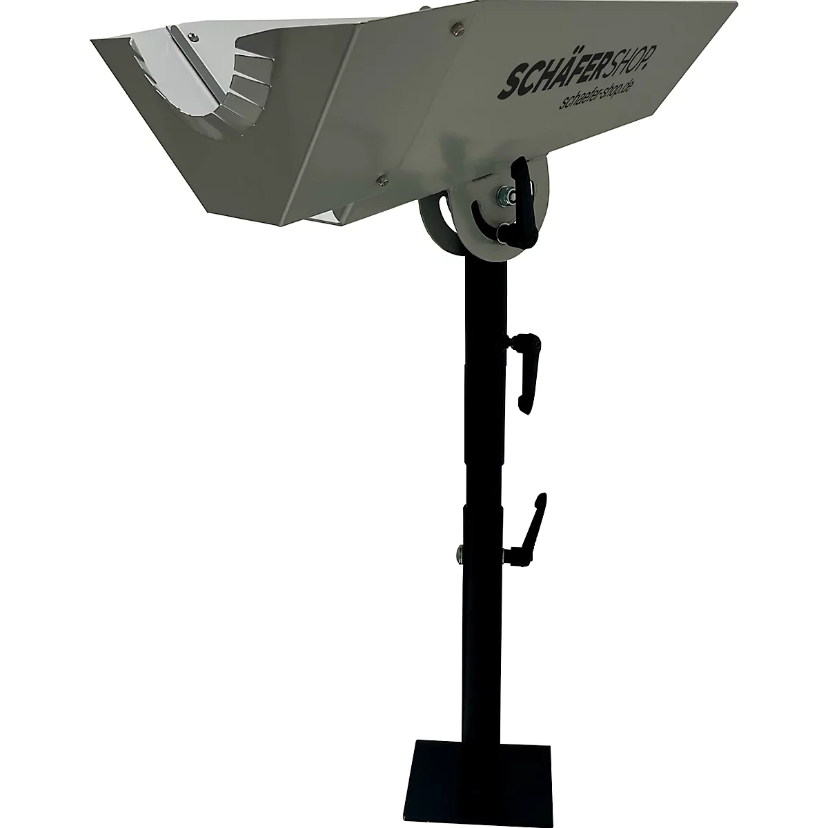 Support de boissons Schäfershop gris, construction métallique, lettrage, réglable en hauteur.