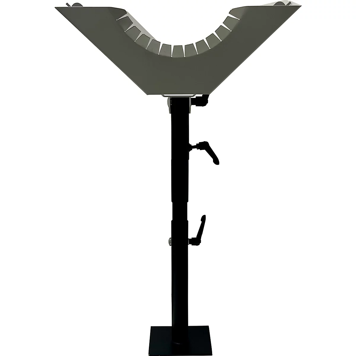 Un appareil gris en forme de U avec un bord supérieur dentelé, monté sur un support noir réglable en hauteur.