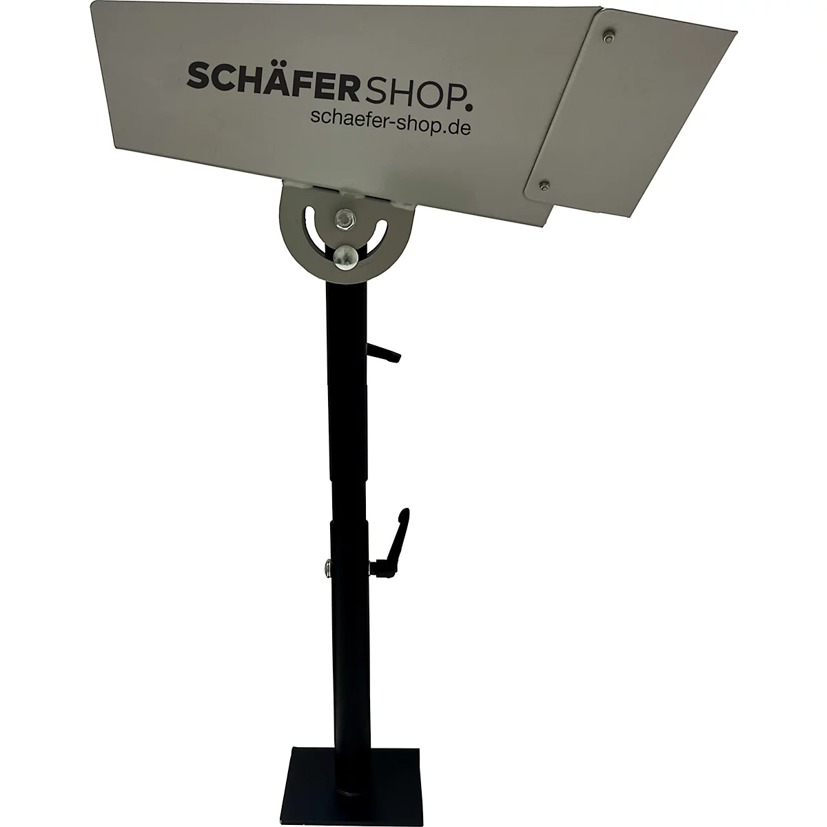 Support publicitaire gris avec "SCHÄFER SHOP" et adresse du site Web sur une plaque inclinée. Support, base et éléments réglables en hauteur peints en noir.