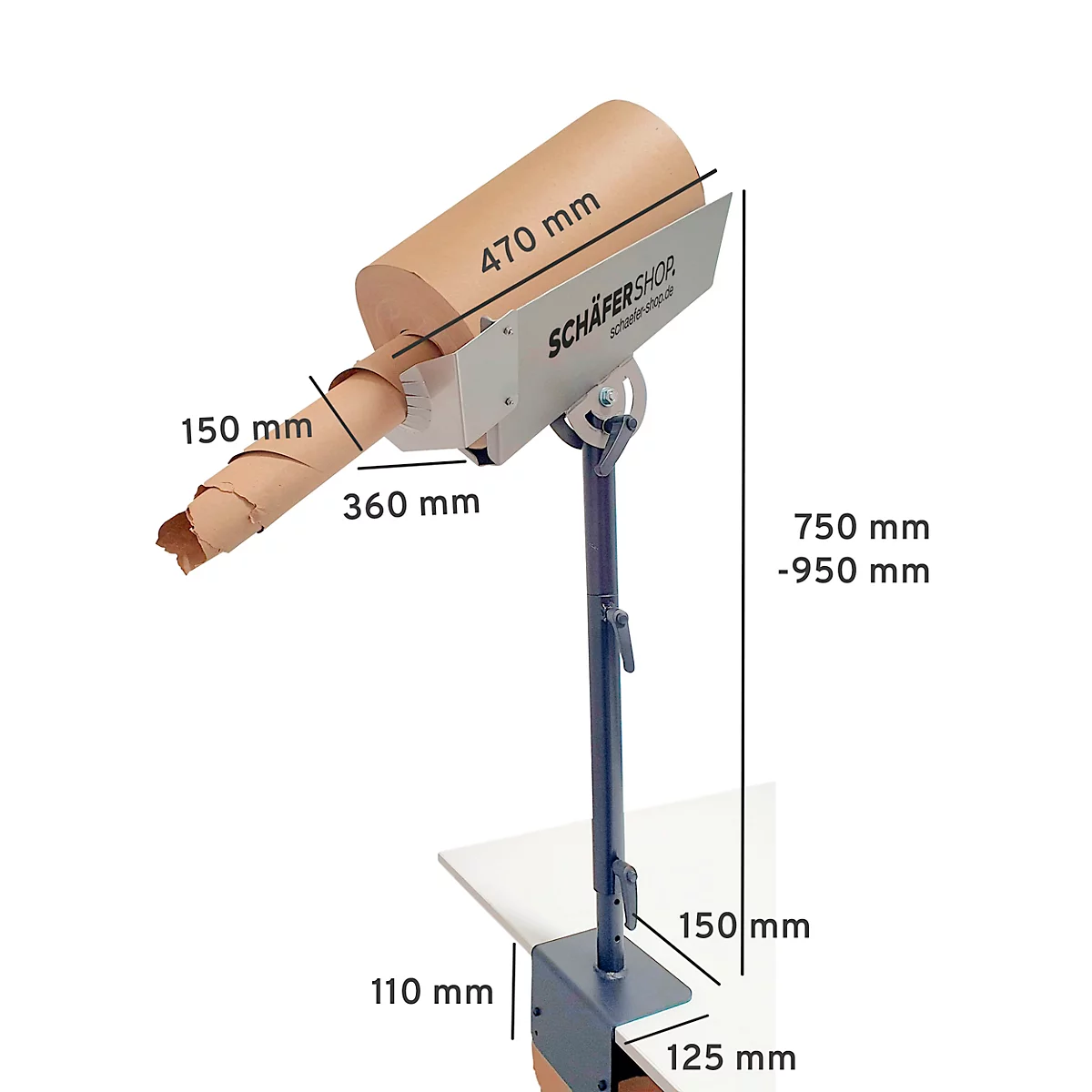 Un appareil gris avec un rouleau de papier fixé à une table. Le rouleau de papier est partiellement déroulé, avec des dimensions en mm.