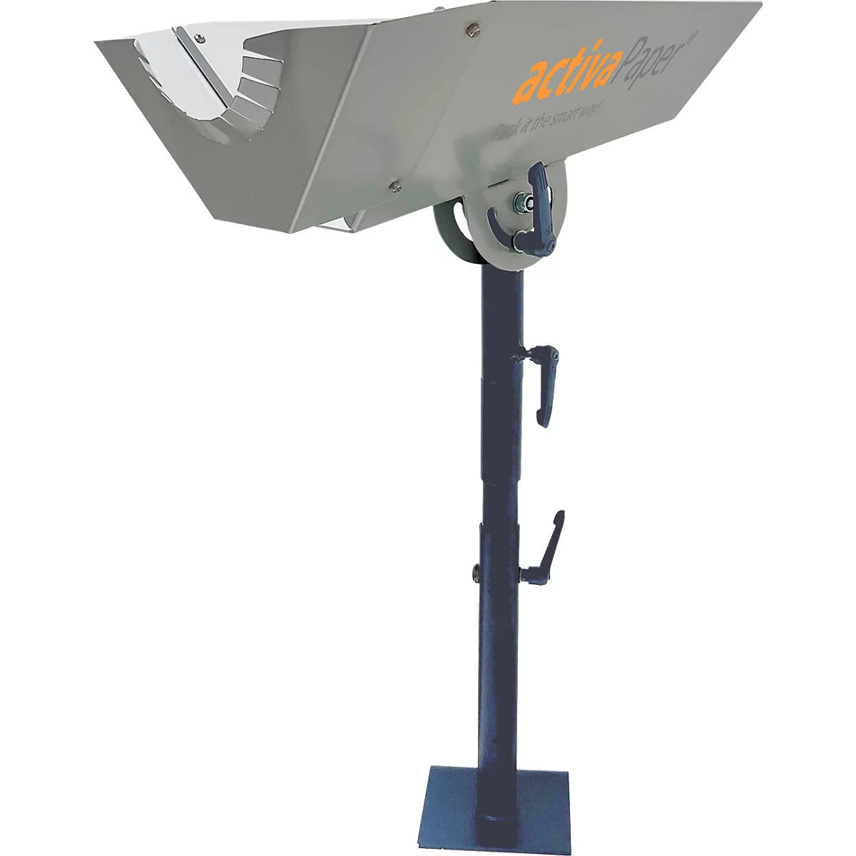 Un trieur de documents gris avec l'inscription "activa Paper". Il repose sur un support noir réglable en hauteur.