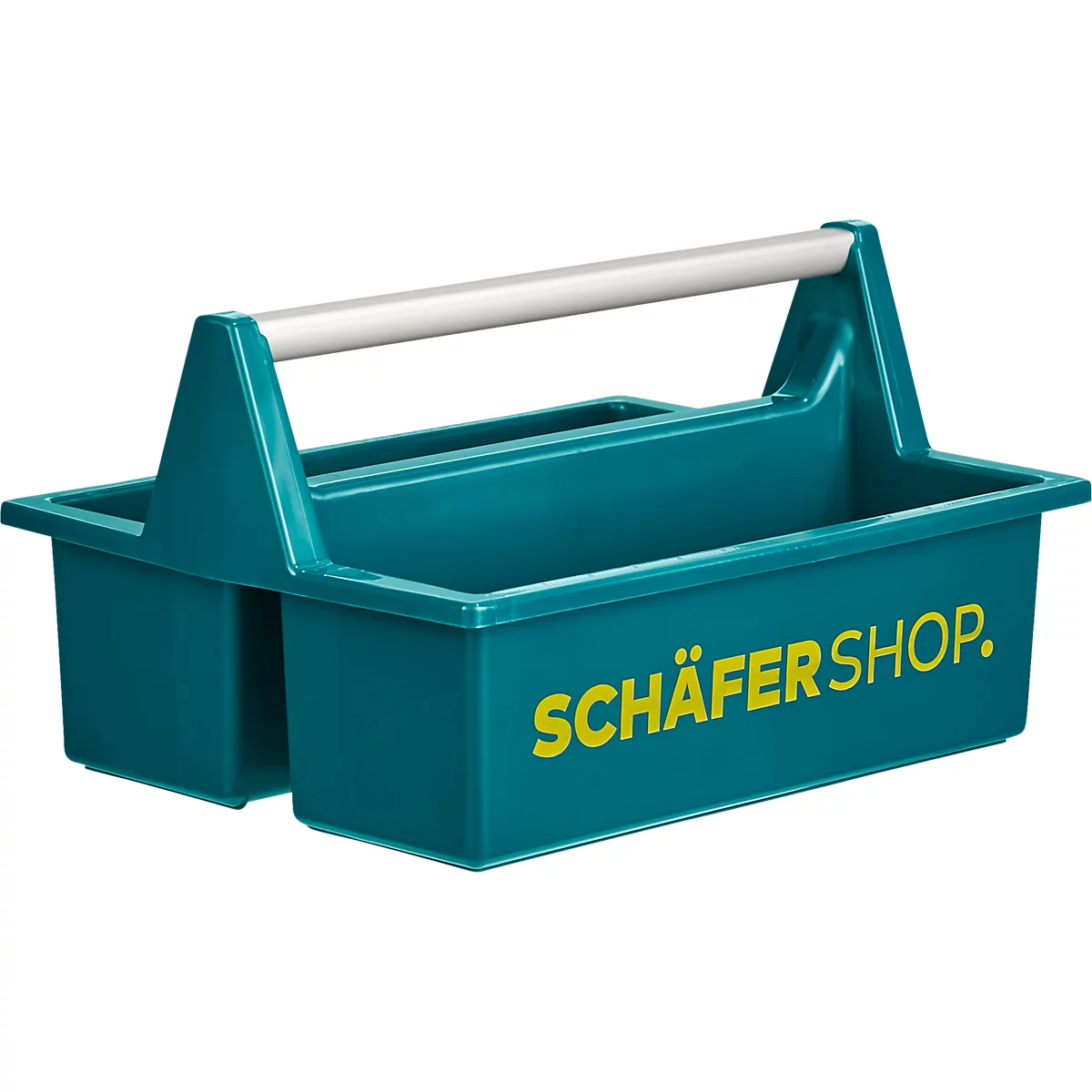 Turquoise gereedschapskist met witte handgreep en gele tekst: "Schäfer Shop".