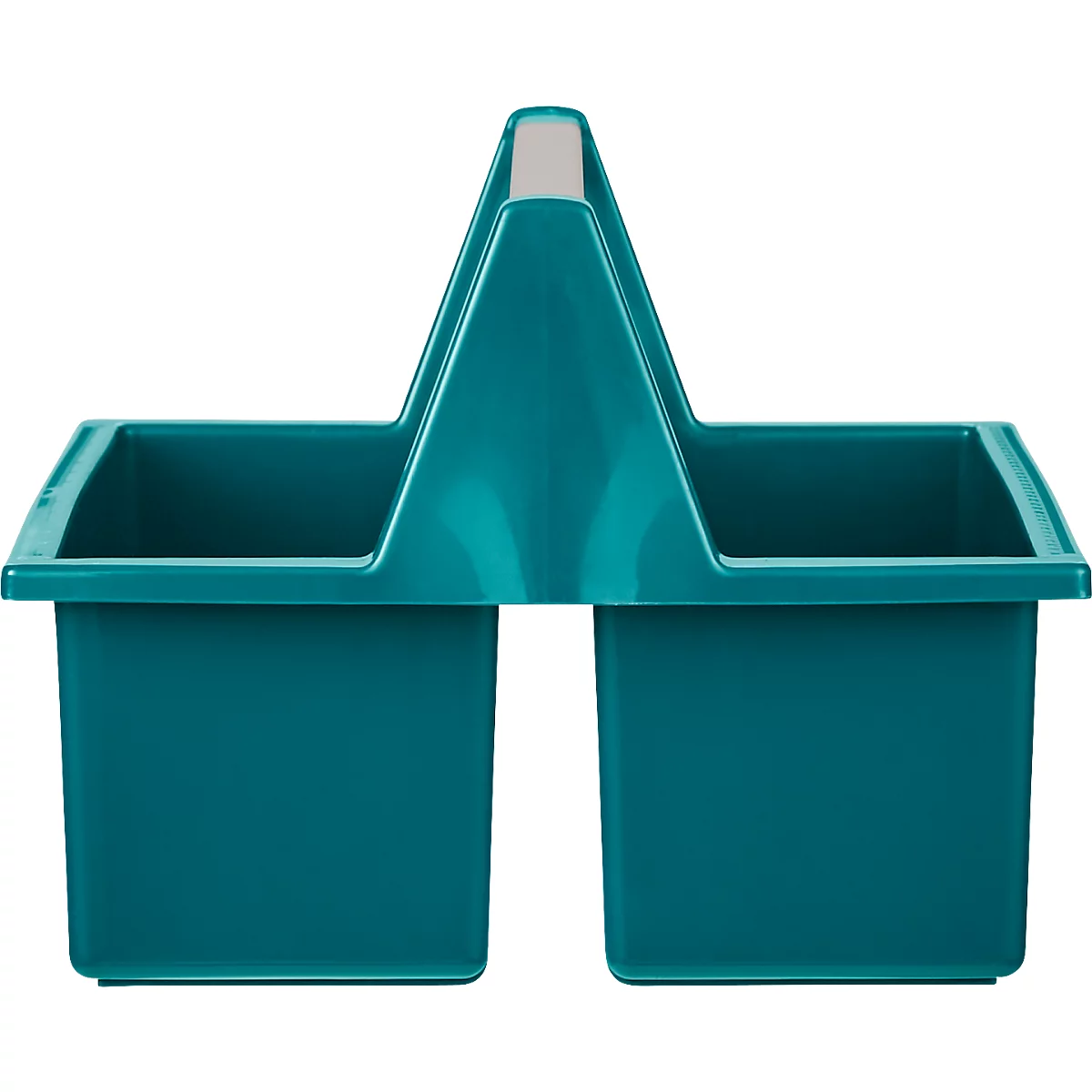 Turquoise gereedschapshouder met handvat, twee compartimenten en lichtgrijs handvat. Het staat tegen een witte achtergrond.