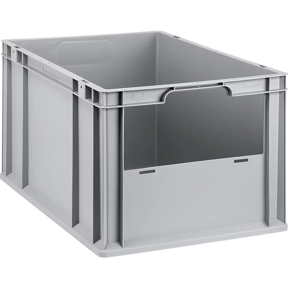 Graue Kunststoff-Stapelbox mit offener Frontseite vor neutralem Hintergrund.