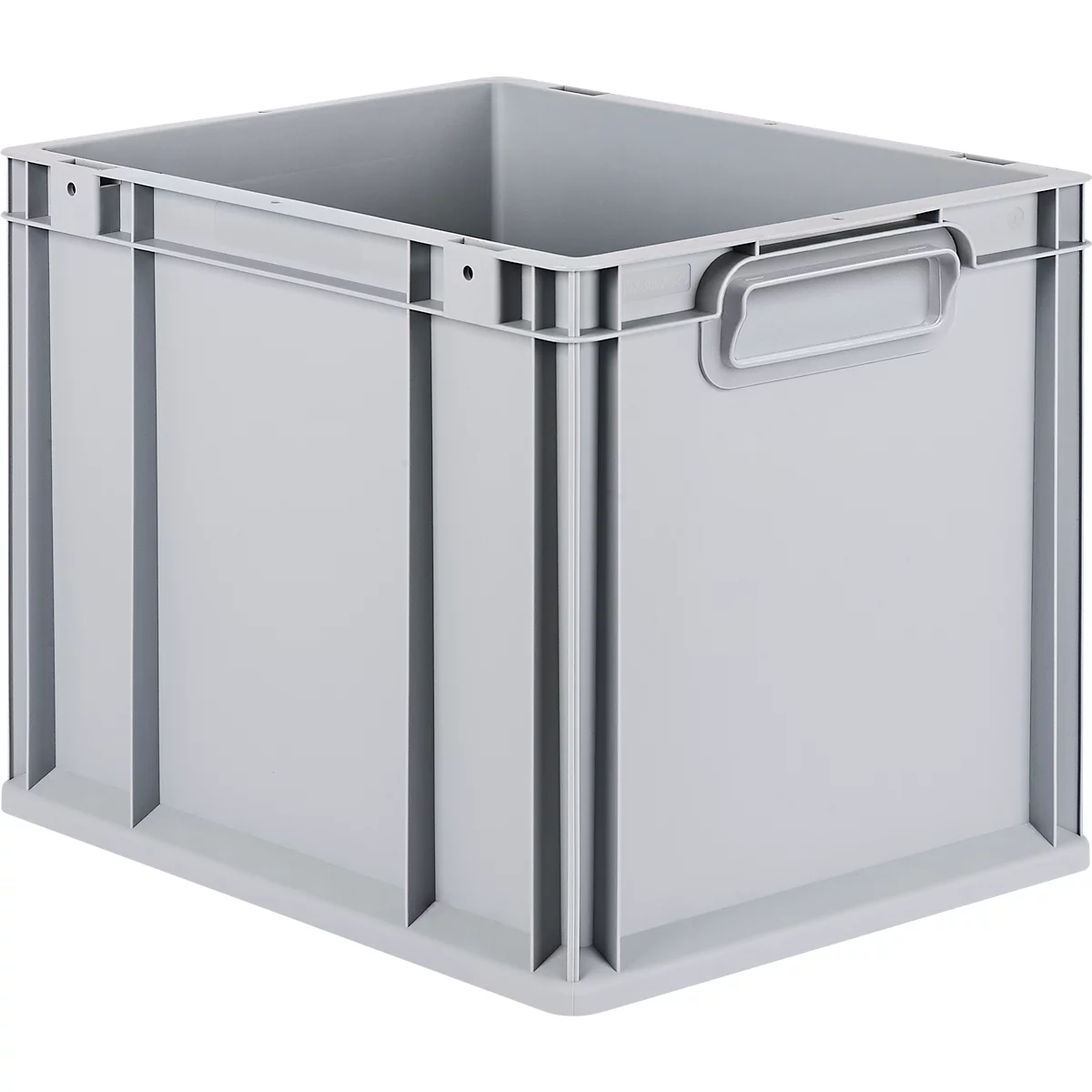 Eine graue, rechteckige Kunststoff-Stapelbox mit stabilen Seitenwänden und integrierten Griffen vor weißem Hintergrund.