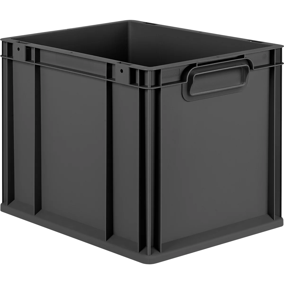 Eine anthrazitfarbene, quaderförmige Kunststoff-Transportbox mit Griffmulden und verstärkten Kanten.