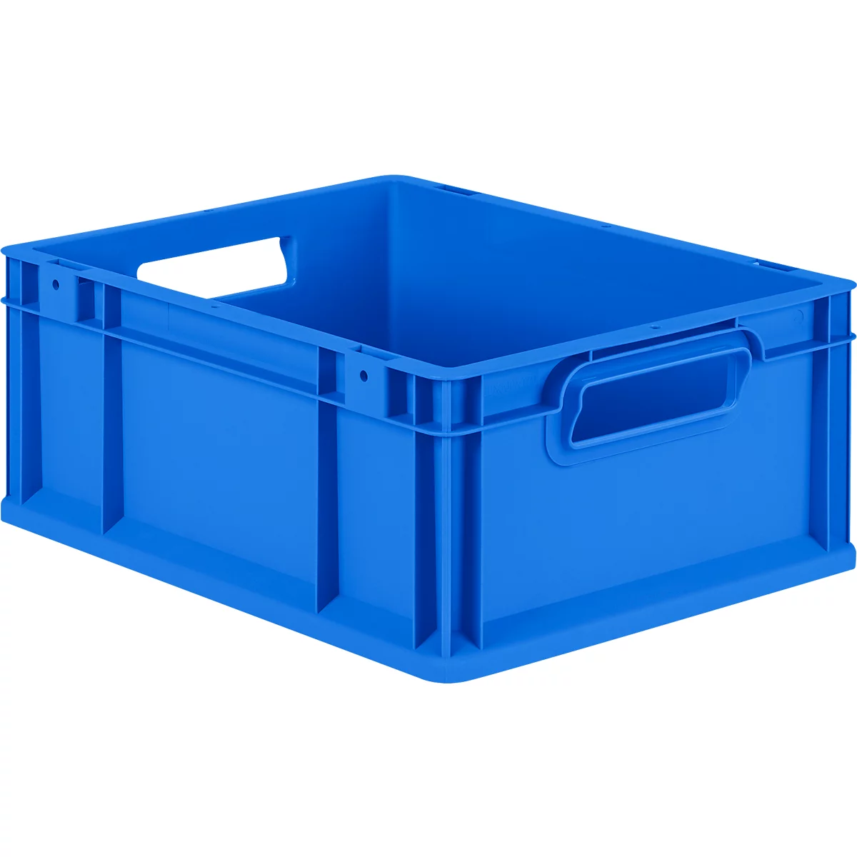 Eine leere, blaue Kunststoff-Transportkiste mit seitlichen Griffmulden vor weißem Hintergrund.
