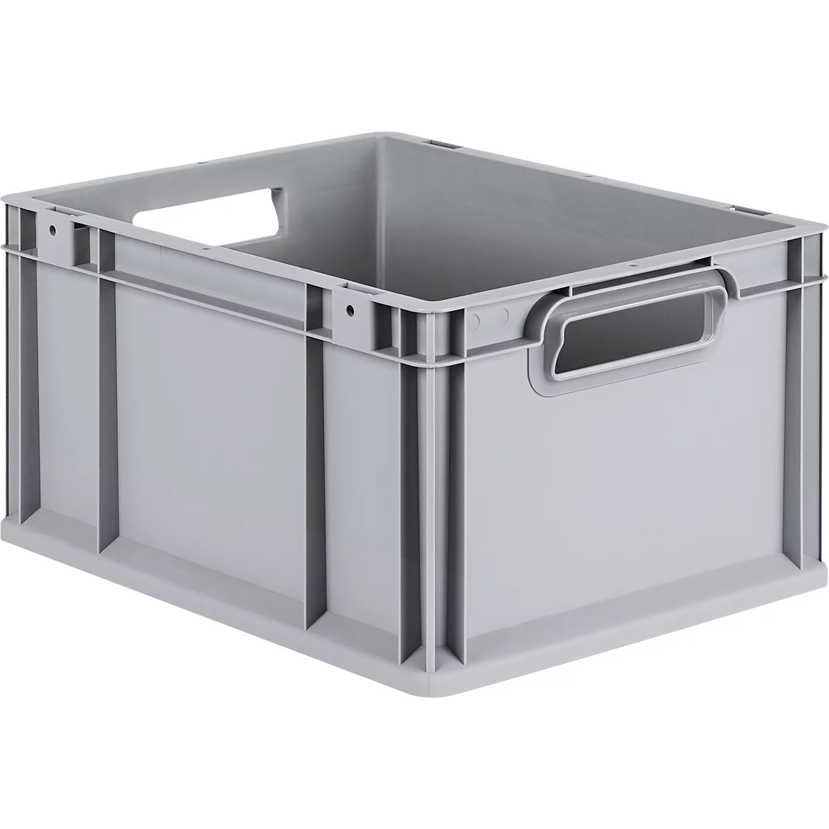 Eine graue, rechteckige Kunststoff-Lagerbox mit offenen Griffen an den Seiten.