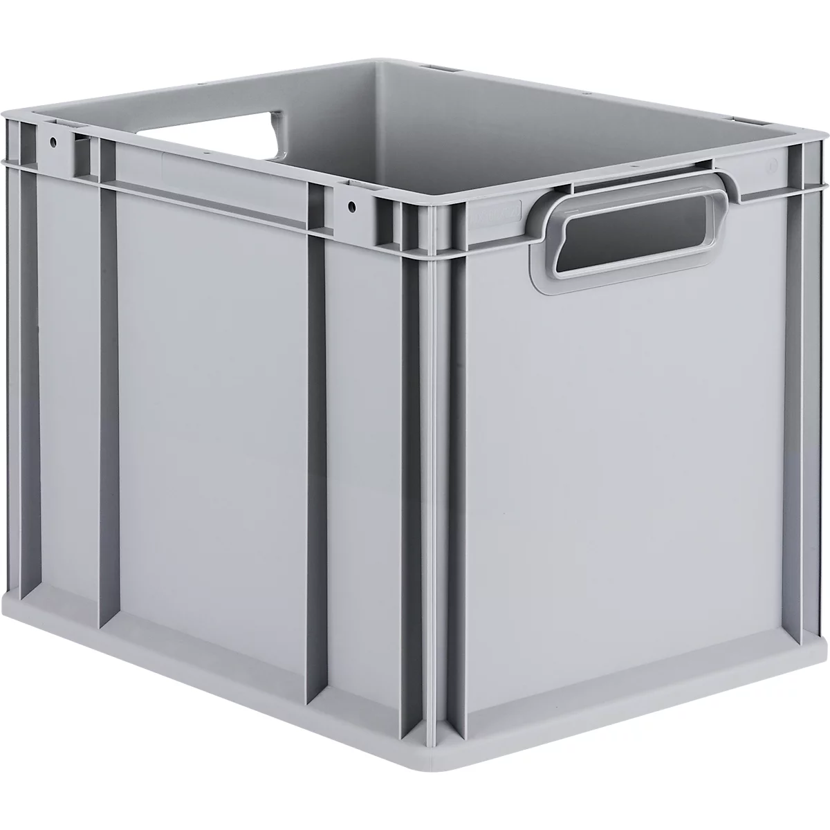 Graue, quadratische Kunststoff-Eurobox mit Griffmulden an den Seiten vor neutralem Hintergrund.