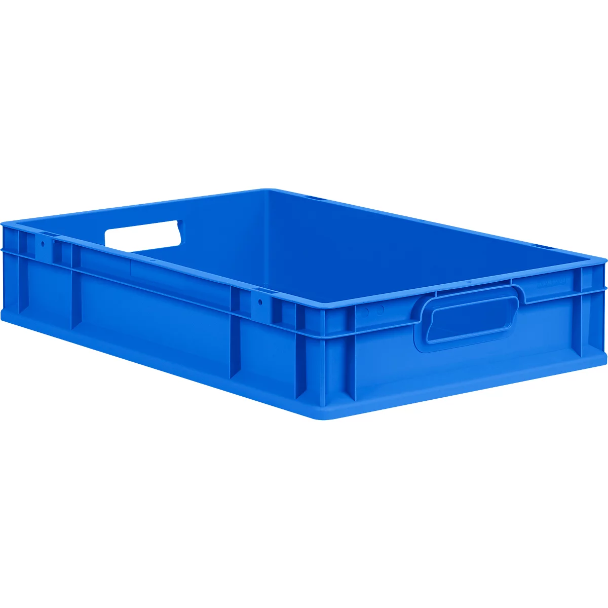 Leere, rechteckige blaue Kunststoff-Transportkiste mit seitlichen Griffmulden.