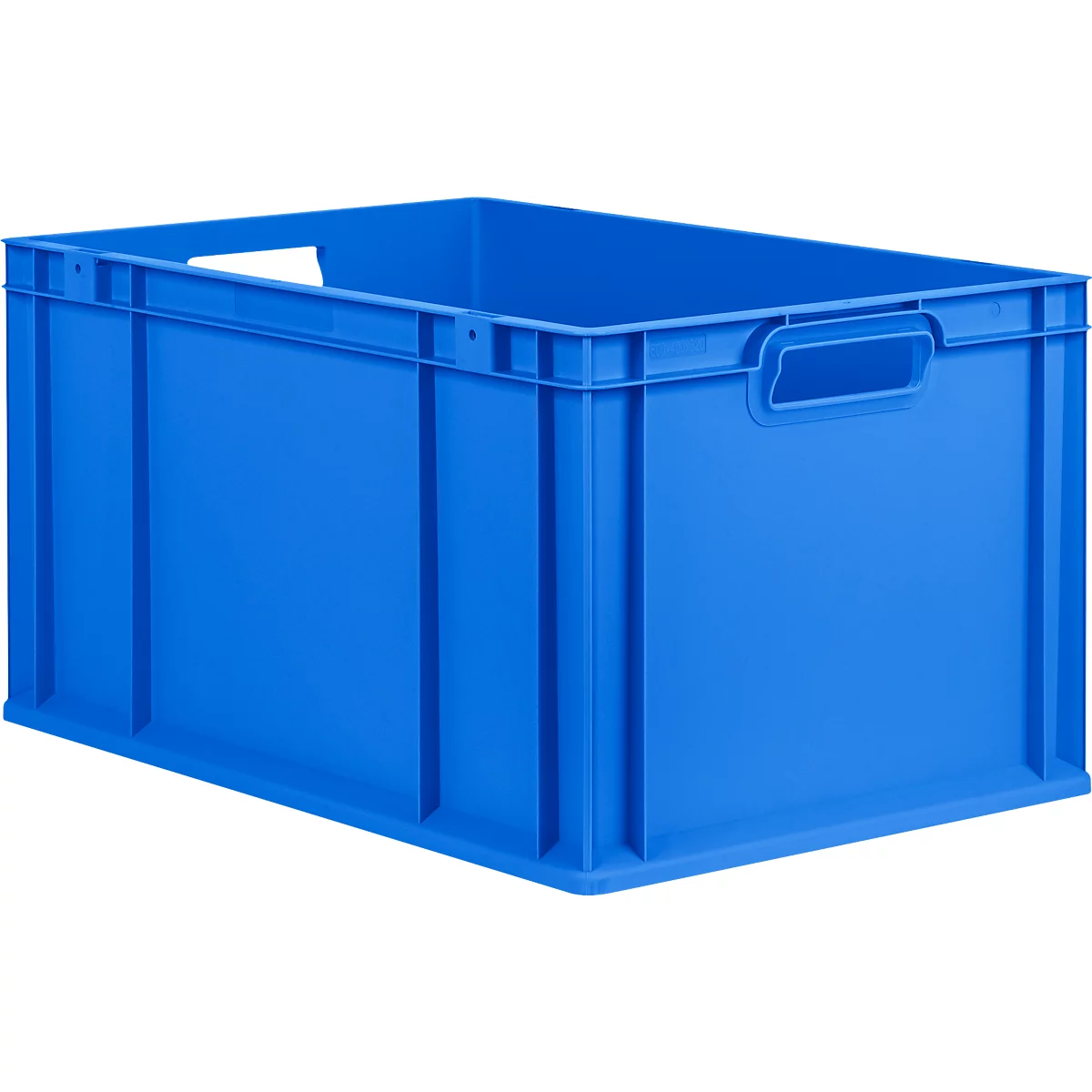 Eine rechteckige, graue Kunststoffbox mit seitlichen Eingriffen vor weißem Hintergrund.