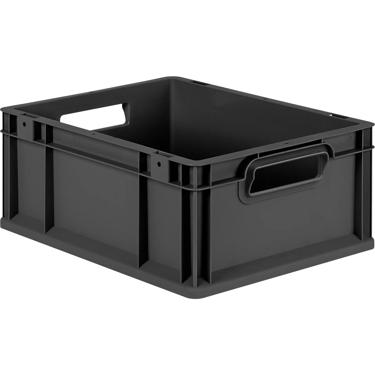 Eine leere, dunkelgraue Kunststoff-Transportbox mit Griffmulden vor weißem Hintergrund.