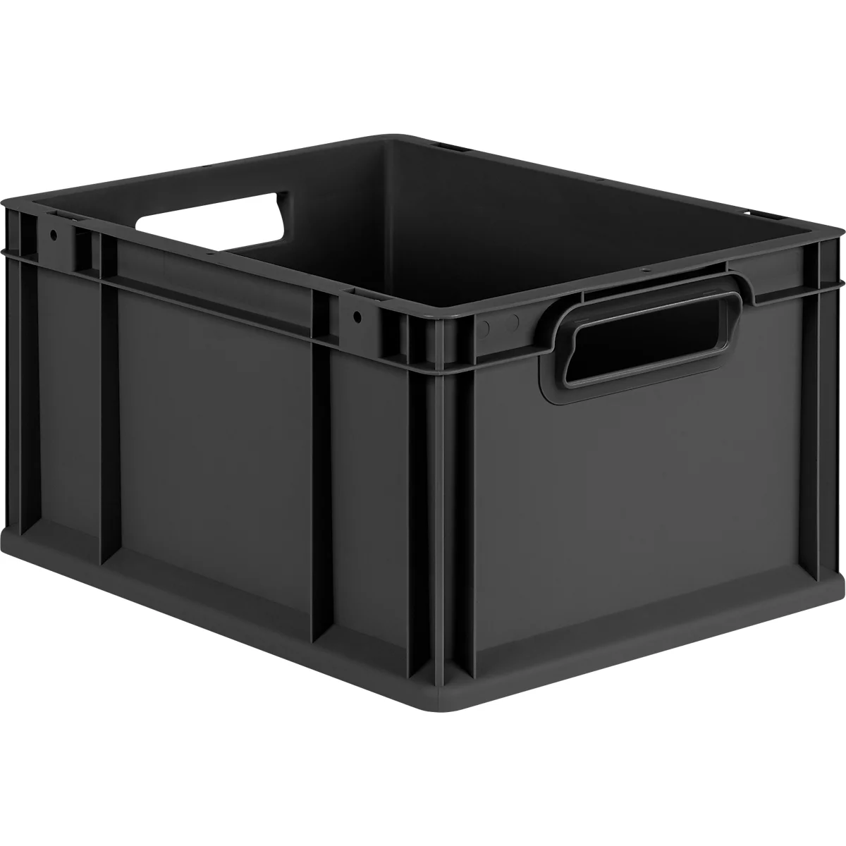 Eine dunkelgraue, stabile Kunststoff-Transportbox mit Griffmulden, isoliert vor neutralem Hintergrund.