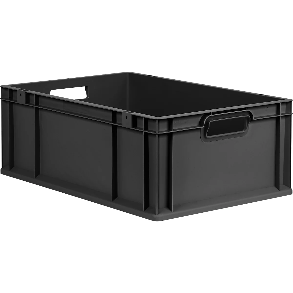 Eine anthrazitfarbene, rechteckige Kunststoff-Transportbox mit Griffmulden vor neutralem Hintergrund.
