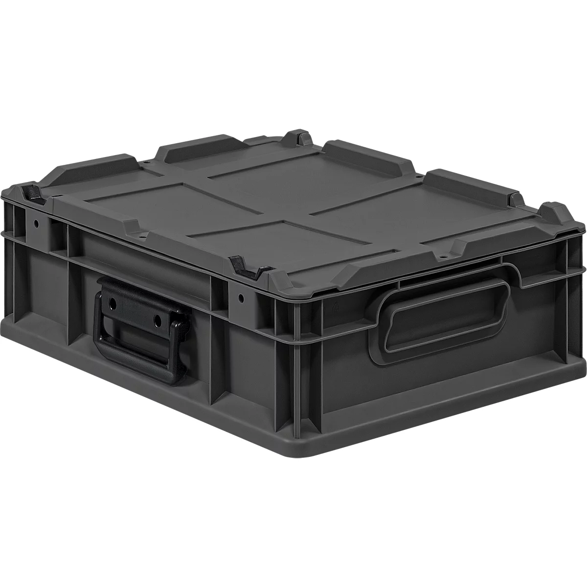 Eine dunkelgraue, rechteckige Kunststoff-Transportbox mit Deckel und seitlichen Griffen auf weißem Hintergrund.