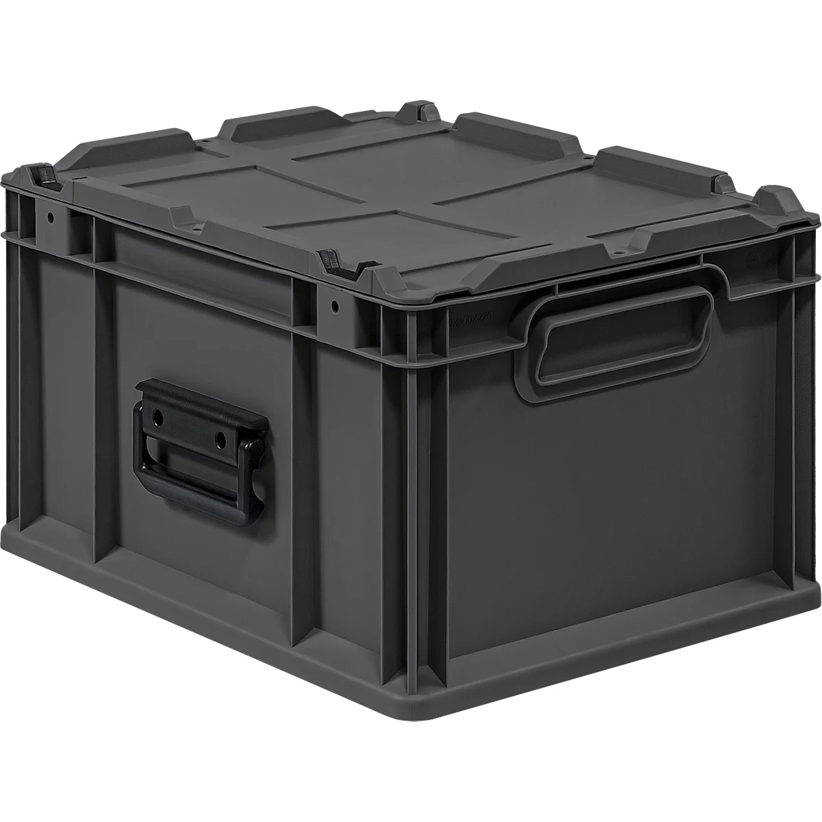 Dunkelgraue Kunststoff-Transportbox mit Deckel und seitlichen Tragegriffen vor weißem Hintergrund.