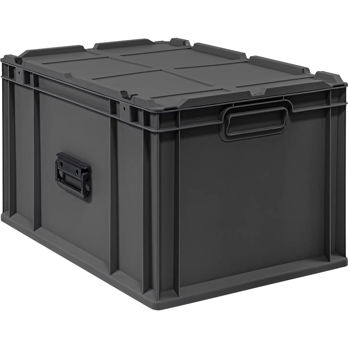 Dunkelgraue Kunststoff-Transportbox mit Deckel, Griffen an den Seiten und verstärkter Struktur.