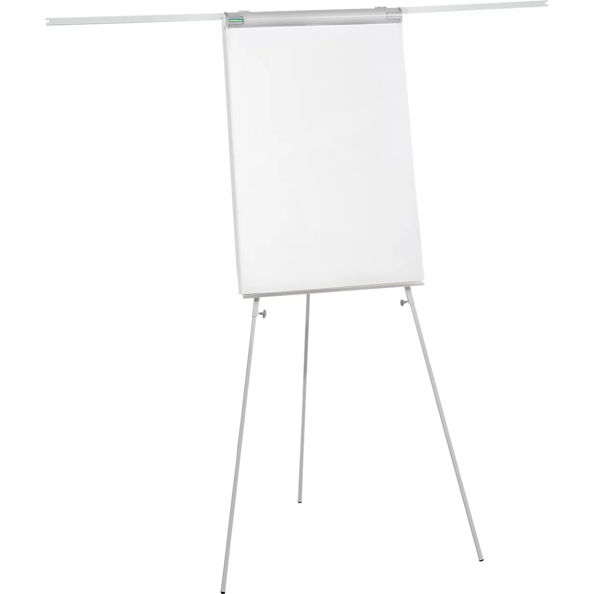 A white flipchart on a tripod stand. A bar at the top for attachment, pen tray.