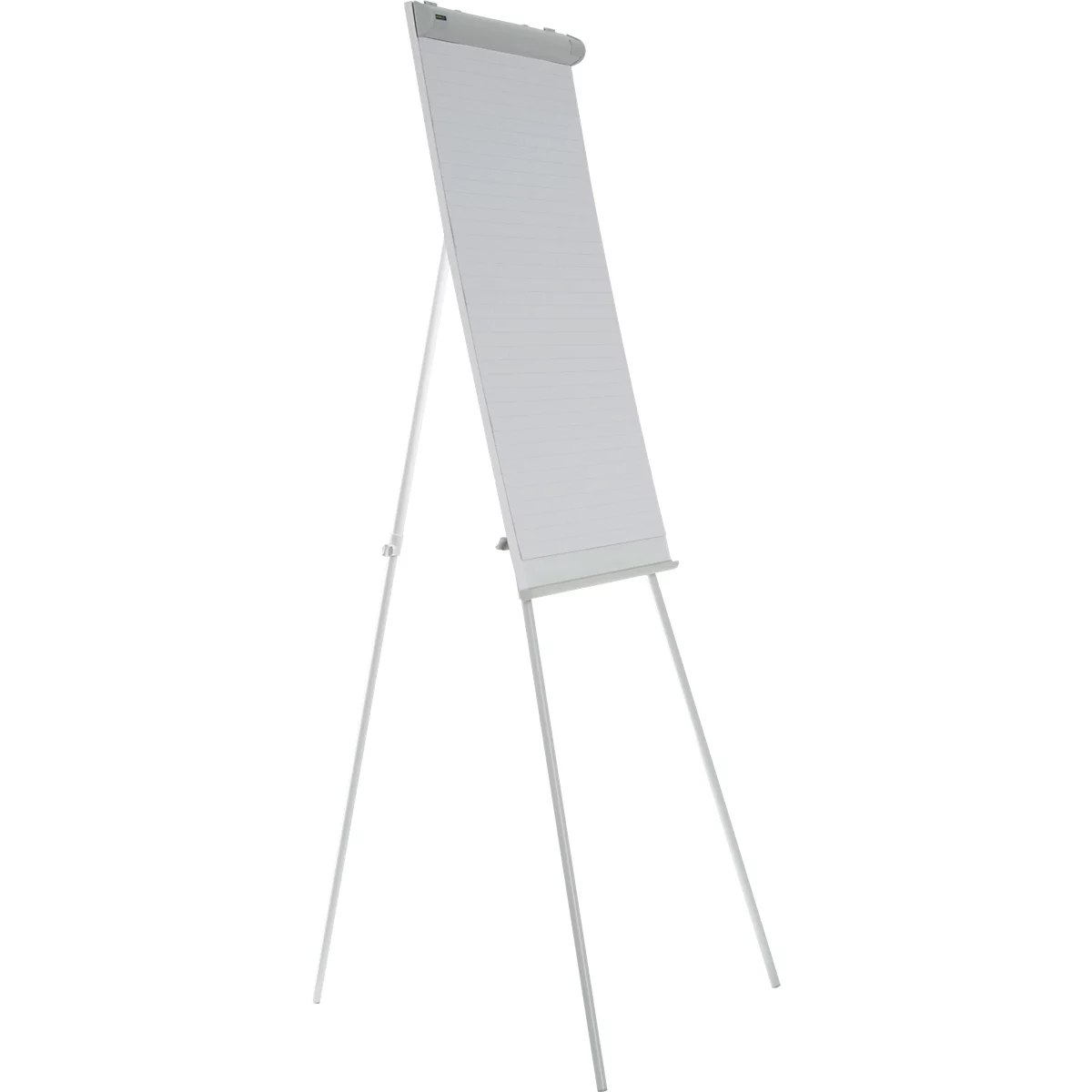 A white flip chart on a white tripod stand. The paper is blank and lined.