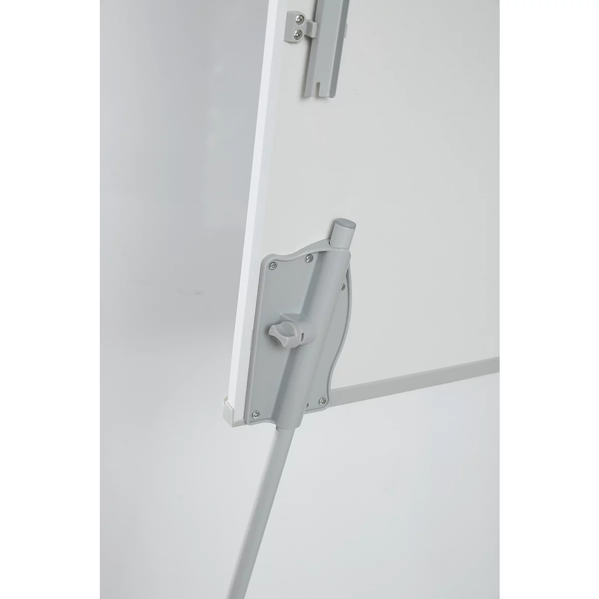 Close-up of a white presentation board with grey frame. Screws and knobs are visible.