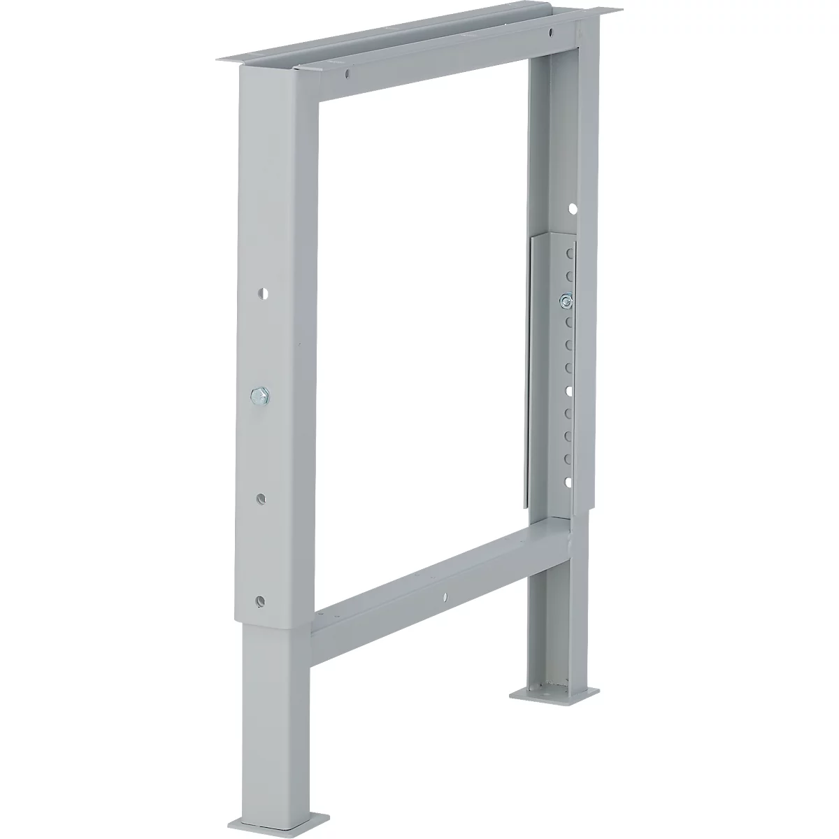 Ein graues Metallgestell in Form eines offenen Rechtecks. Es hat eine rechteckige Grundplatte und eine höhenverstellbare Seite.