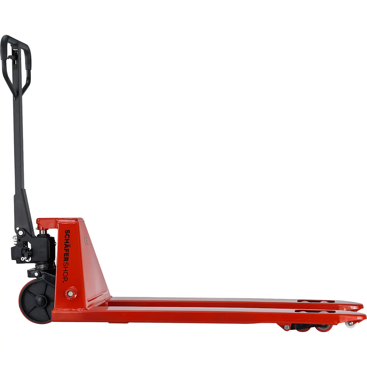 Roter Palettenhubwagen im Profil, schwarzer Griff, Räder und Text "SCHÄFER-SHOP".