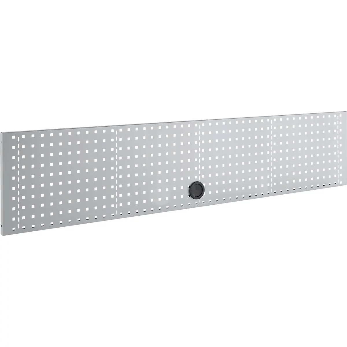 Grijze, geperforeerde metalen plaat met rechthoekige gaten en een cirkelvormig element.