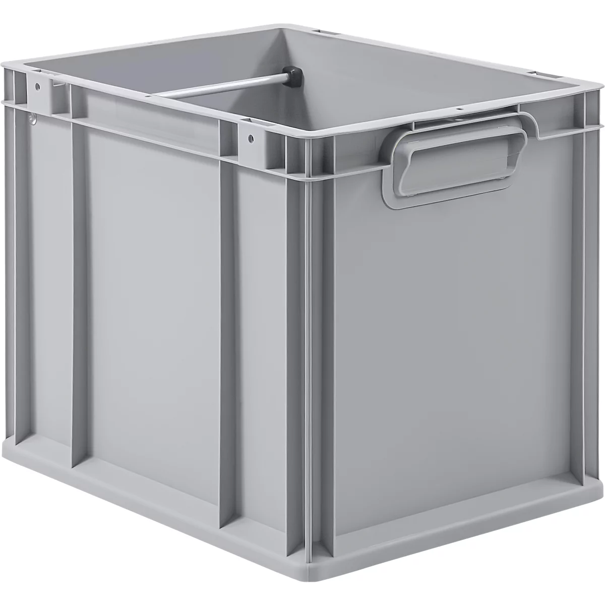 Graue, rechteckige Kunststoff-Lagerbox mit Griffmulden und einer innenliegenden Querstrebe.