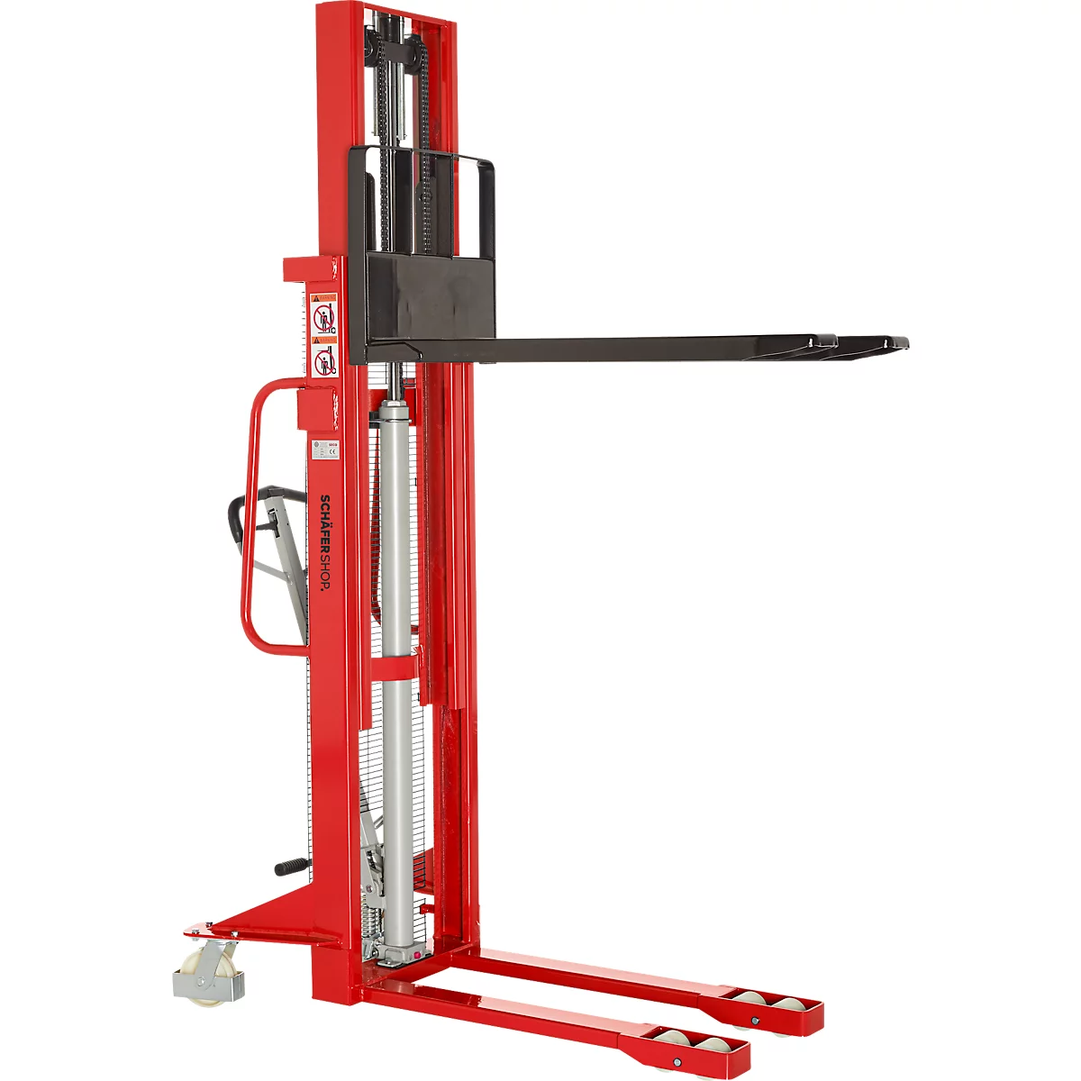 Red forklift against white background. The forklift has a fork, wheels and a lever.