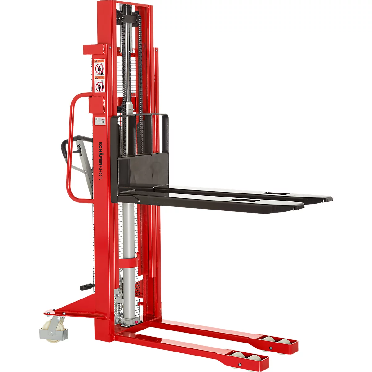 A red manual forklift on a white background.