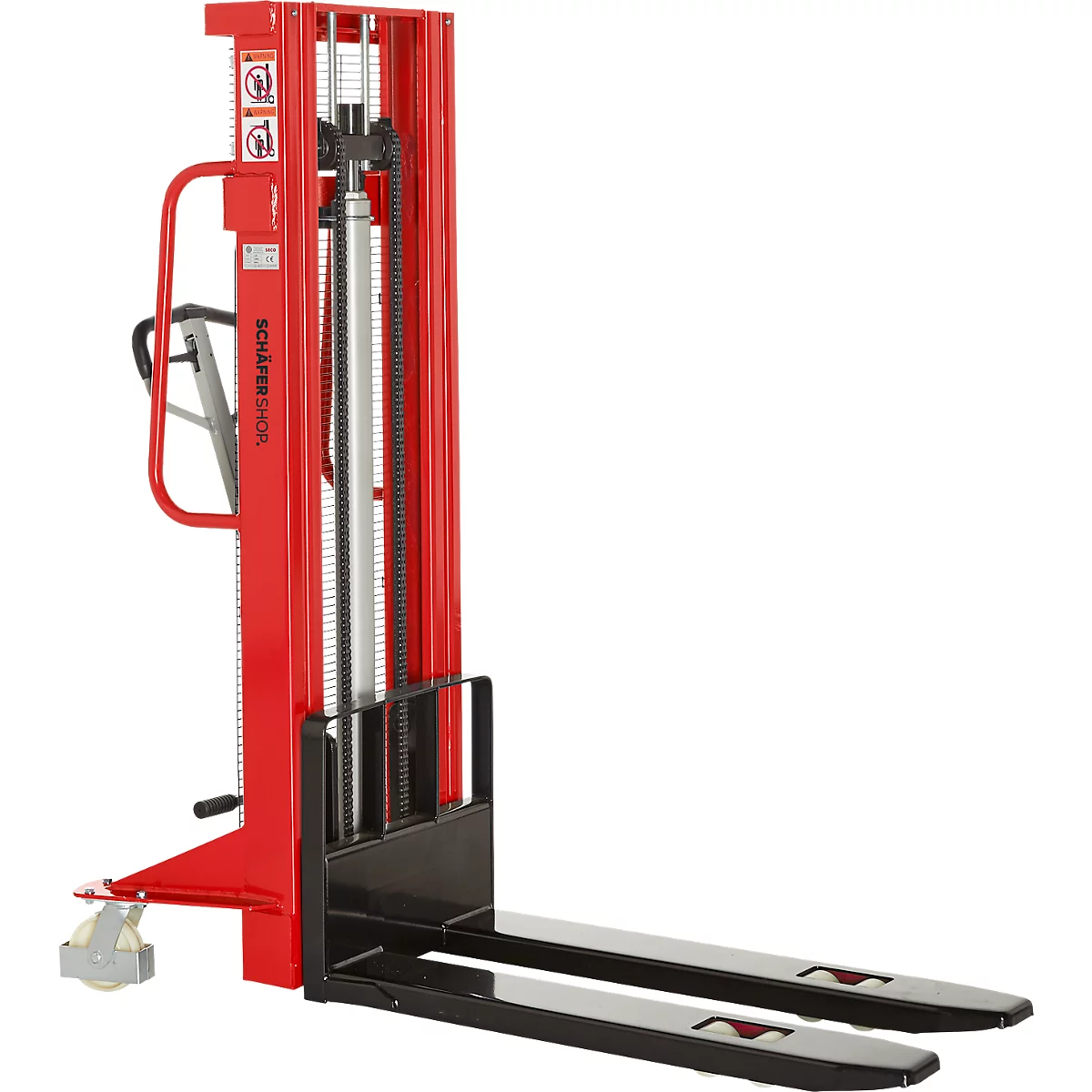 Red manual forklift with black forks and wheels. Inscription: SCHÄFFERJACK.