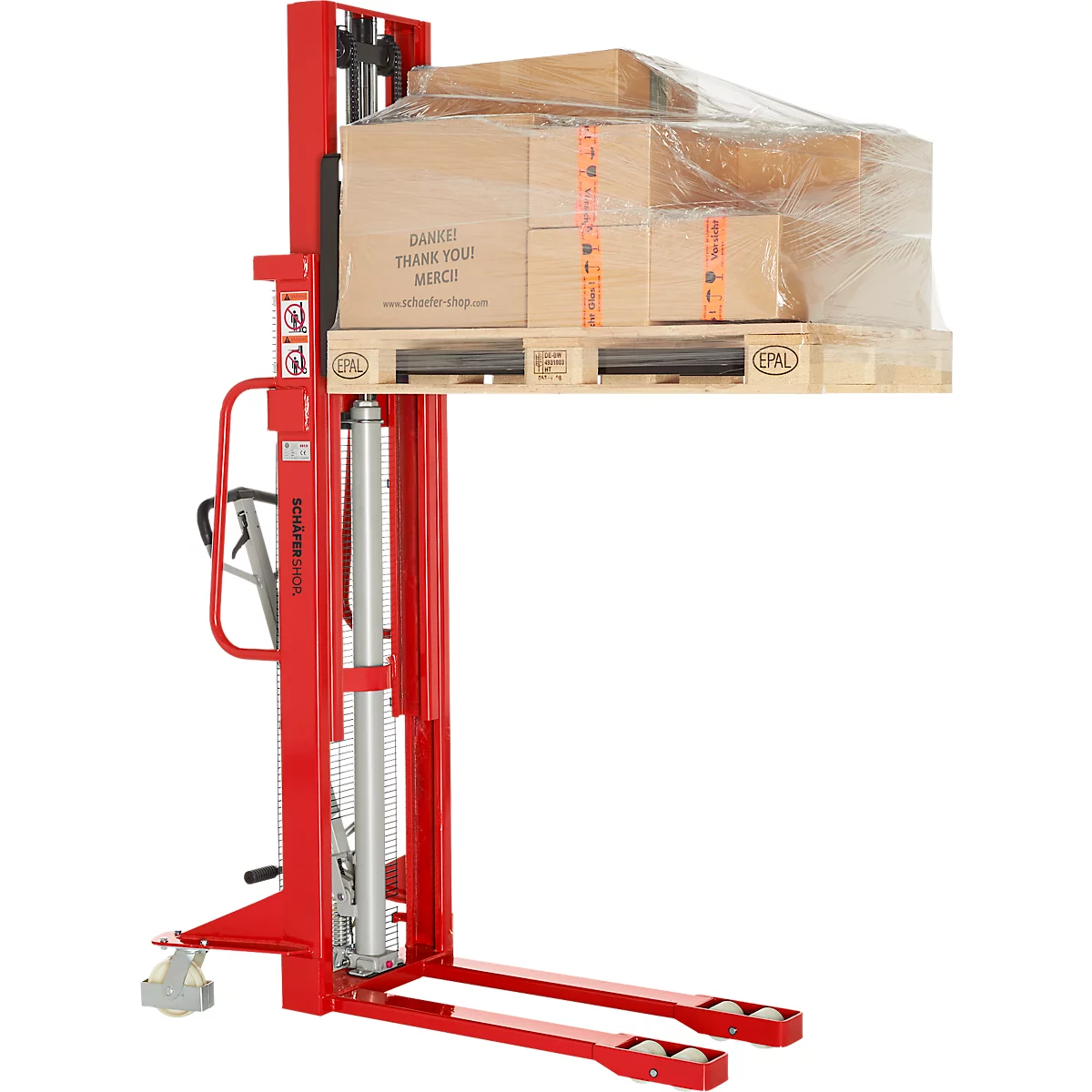 Schäfer Shop Pure hoogheffende truck, handmatig, 1600 kg draagvermogen, tot 1600 mm hefhoogte, rood