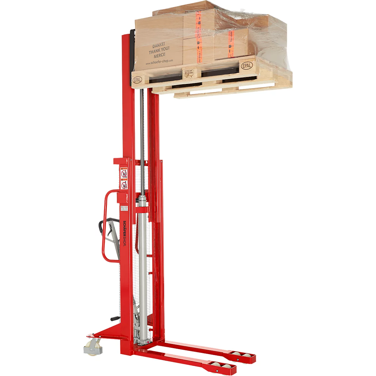 Schäfer Shop Pure hoogheffende truck, handmatig, 1600 kg draagvermogen, tot 1600 mm hefhoogte, rood