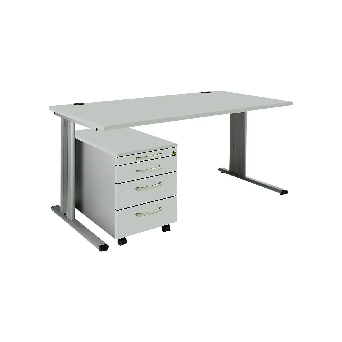 Schäfer Shop Pure Juego de muebles de oficina de 2 piezas PLANOVA BASIC, escritorio, ancho 1600 mm, aluminio gris claro/blanco, con canal para cables + cajonera móvil 1233