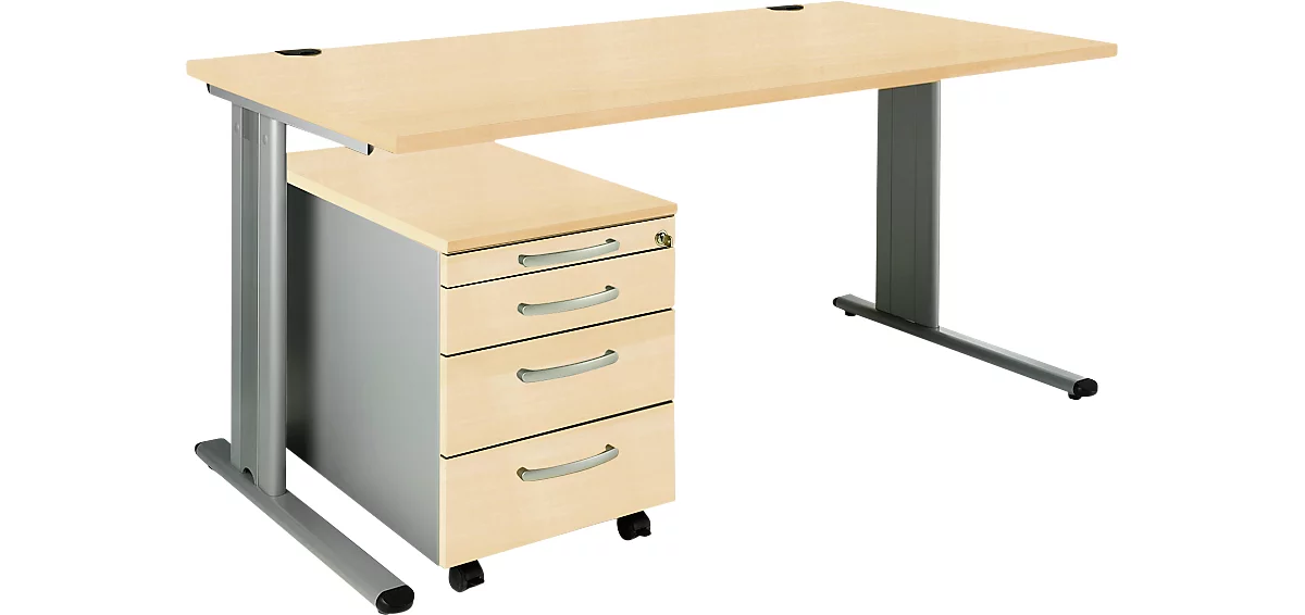 Schäfer Shop Pure Juego de muebles de oficina de 2 piezas PLANOVA BASIC, escritorio, ancho 1600 mm, arce/aluminio blanco, con canal para cables + cajonera móvil 1233