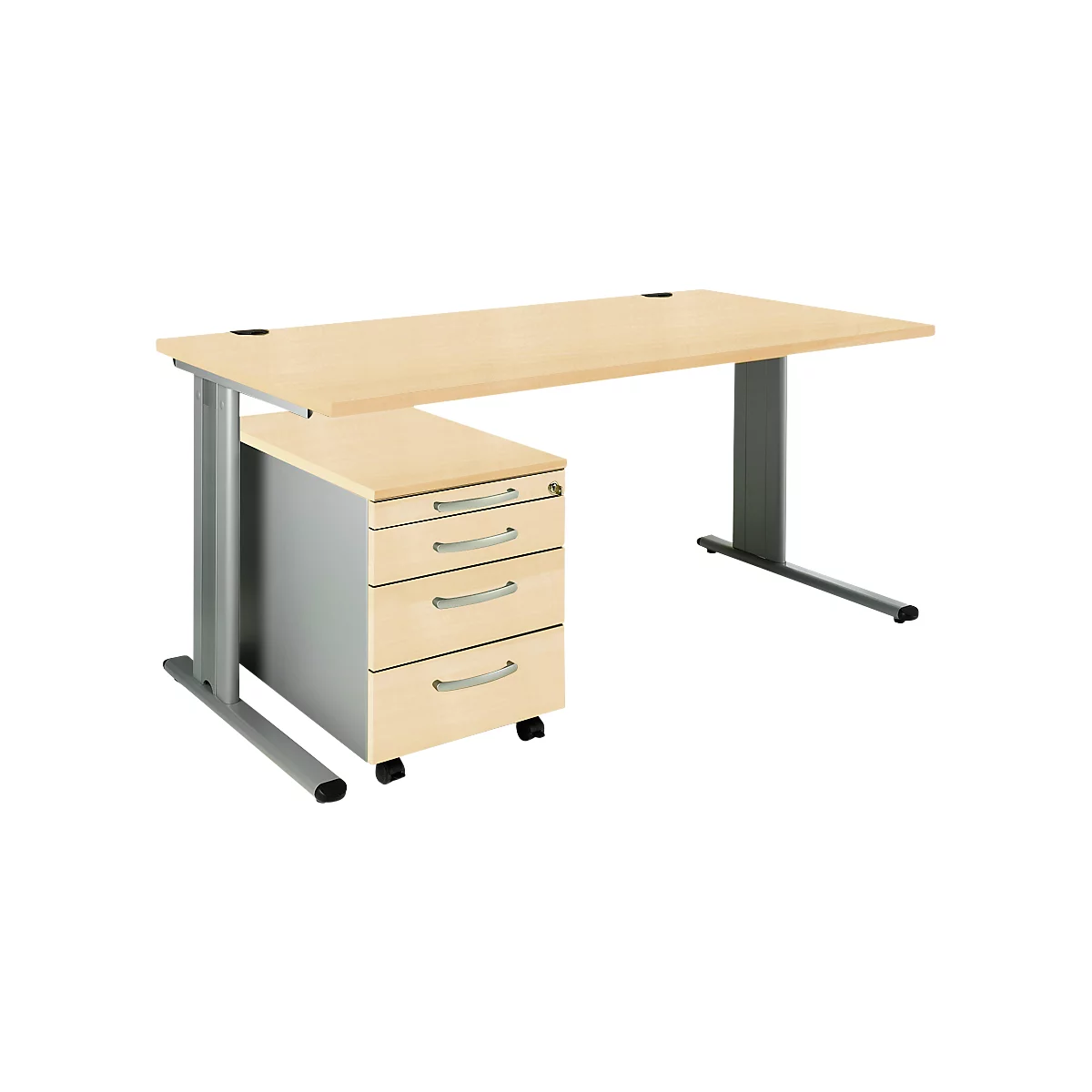 Schäfer Shop Pure Juego de muebles de oficina de 2 piezas PLANOVA BASIC, escritorio, ancho 1600 mm, arce/aluminio blanco, con canal para cables + cajonera móvil 1233