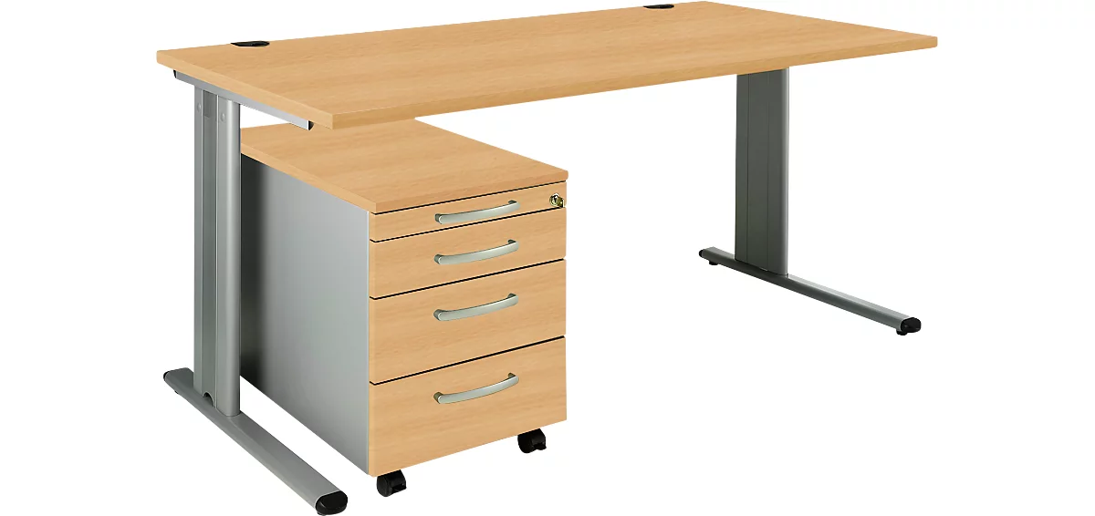 Schäfer Shop Pure Juego de muebles de oficina de 2 piezas PLANOVA BASIC, escritorio, ancho 1600 mm, haya/aluminio blanco, con canal para cables + cajonera móvil 1233