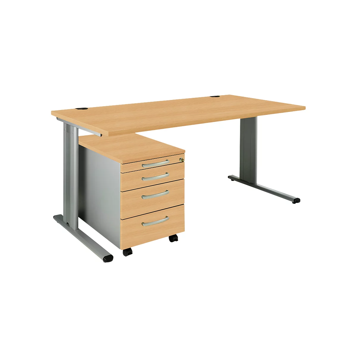 Schäfer Shop Pure Juego de muebles de oficina de 2 piezas PLANOVA BASIC, escritorio, ancho 1600 mm, haya/aluminio blanco, con canal para cables + cajonera móvil 1233