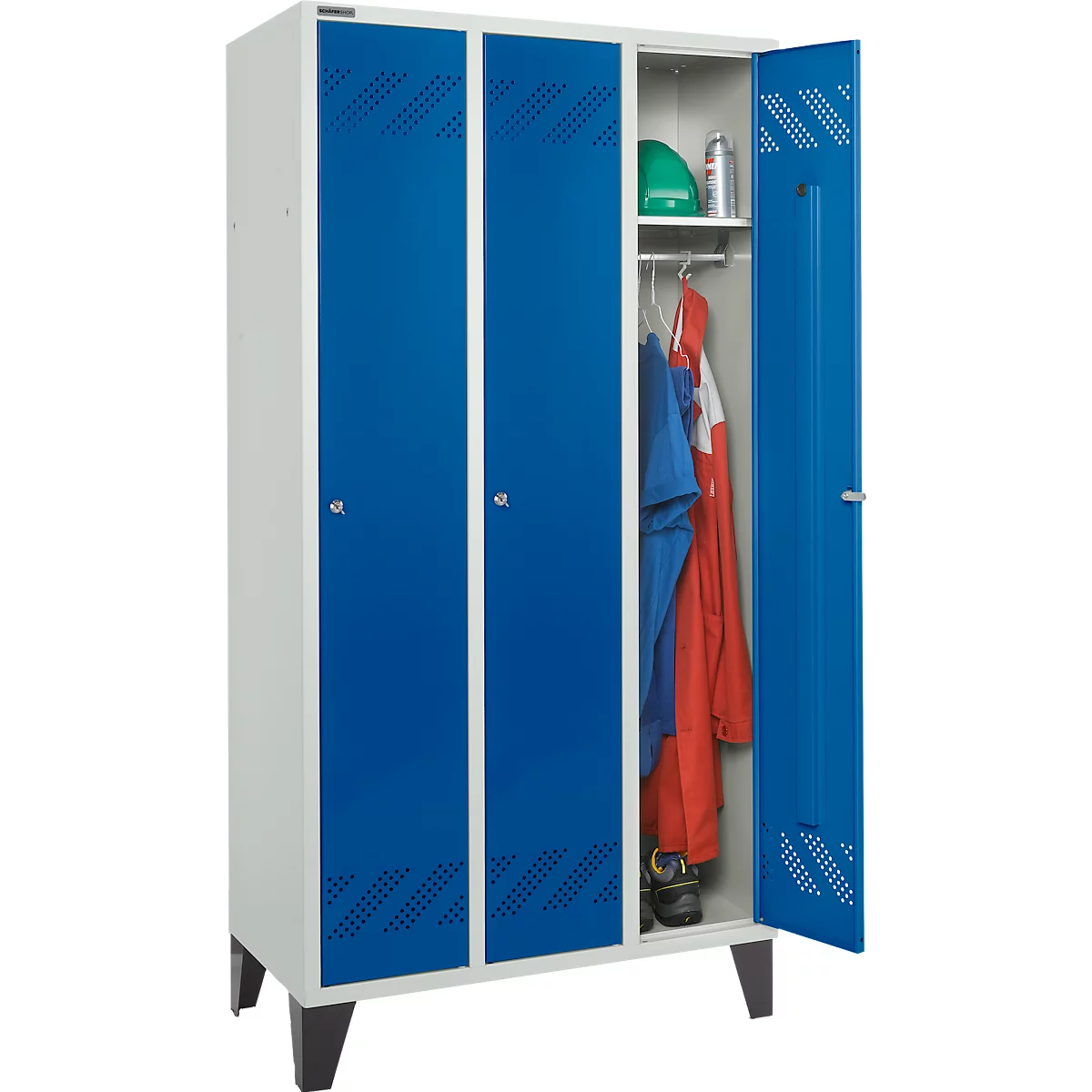 Schäfer Shop Pure Kledinglocker, 3 compartimenten, cilinderslot, lichtgrijs/gentiaanblauw