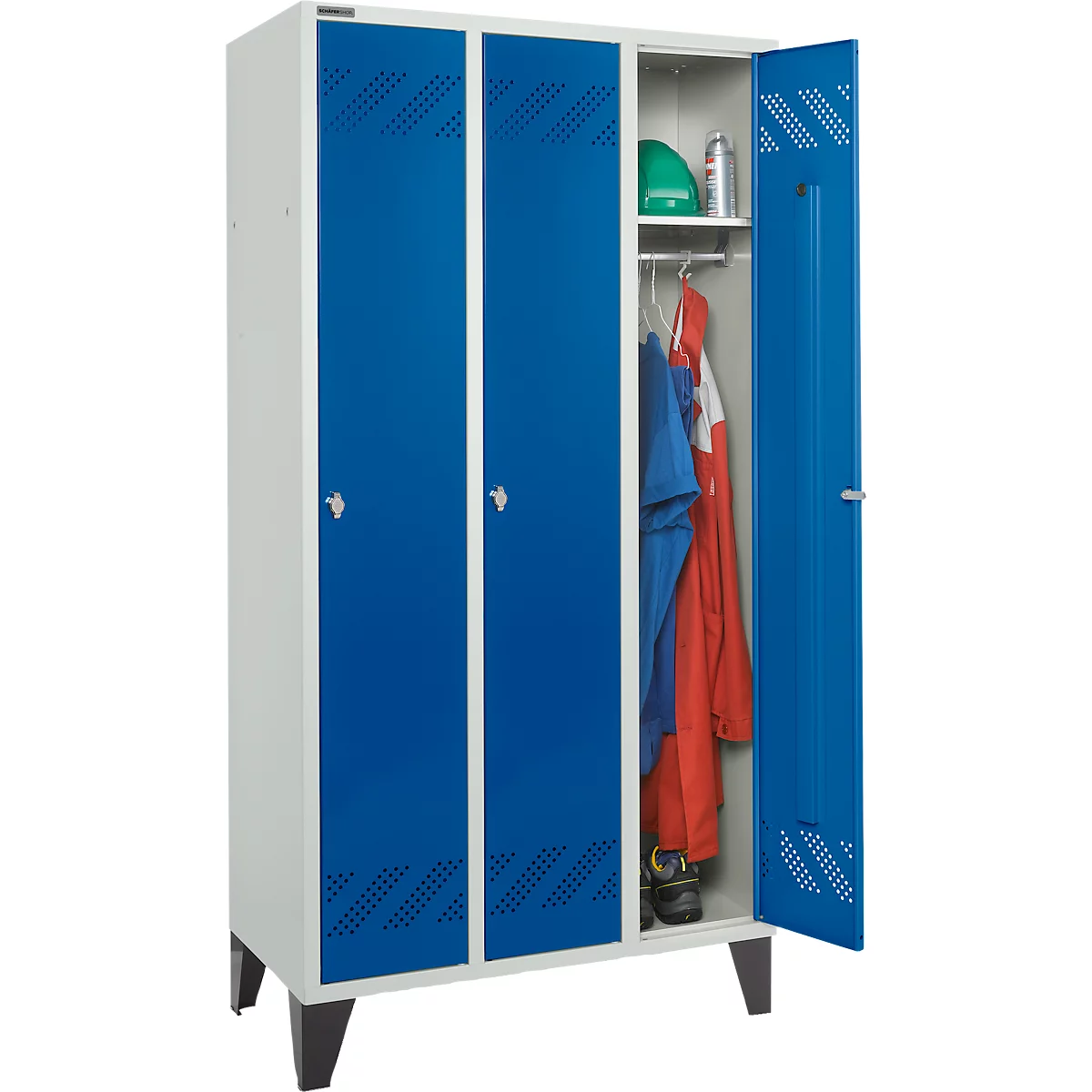 Schäfer Shop Pure Kledinglocker, 3 compartimenten, draaigrendelslot, lichtgrijs/gentiaanblauw