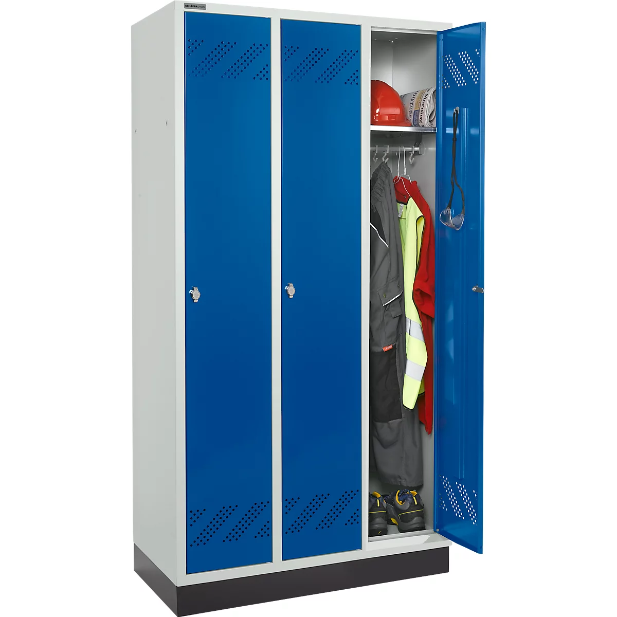 Schäfer Shop Pure Kledinglocker, 3 compartimenten, draaigrendelslot, lichtgrijs/gentiaanblauw