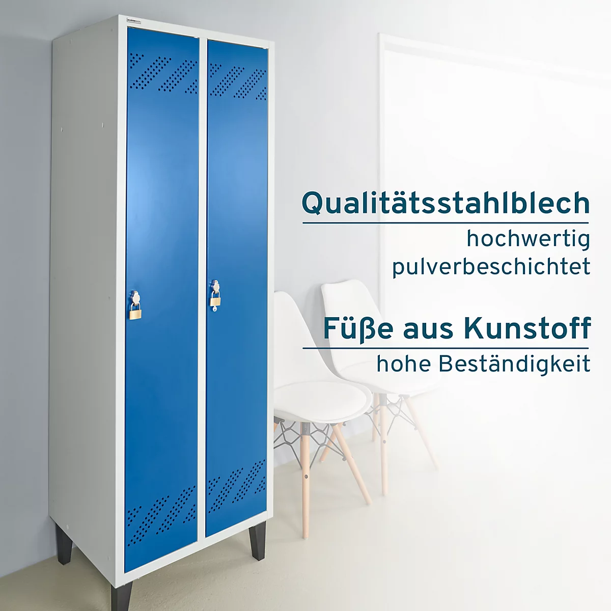 Schäfer Shop Pure Kleiderspind, 2 Abteile, mit Fuß, Drehriegelverschluss, lichtgrau/enzianblau