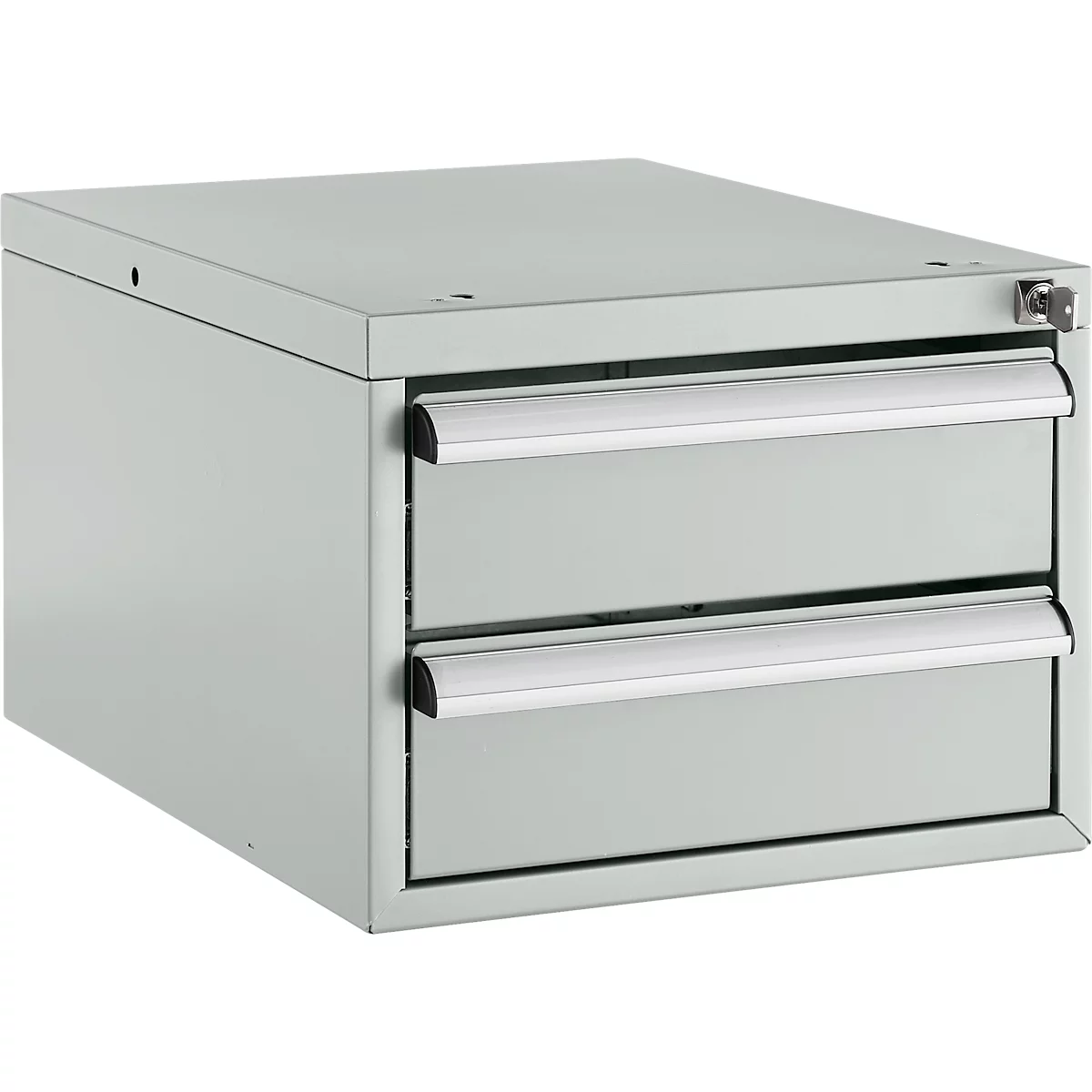 Grijze metalen kast met twee lades, zilveren handvatten en een sleutelgat.