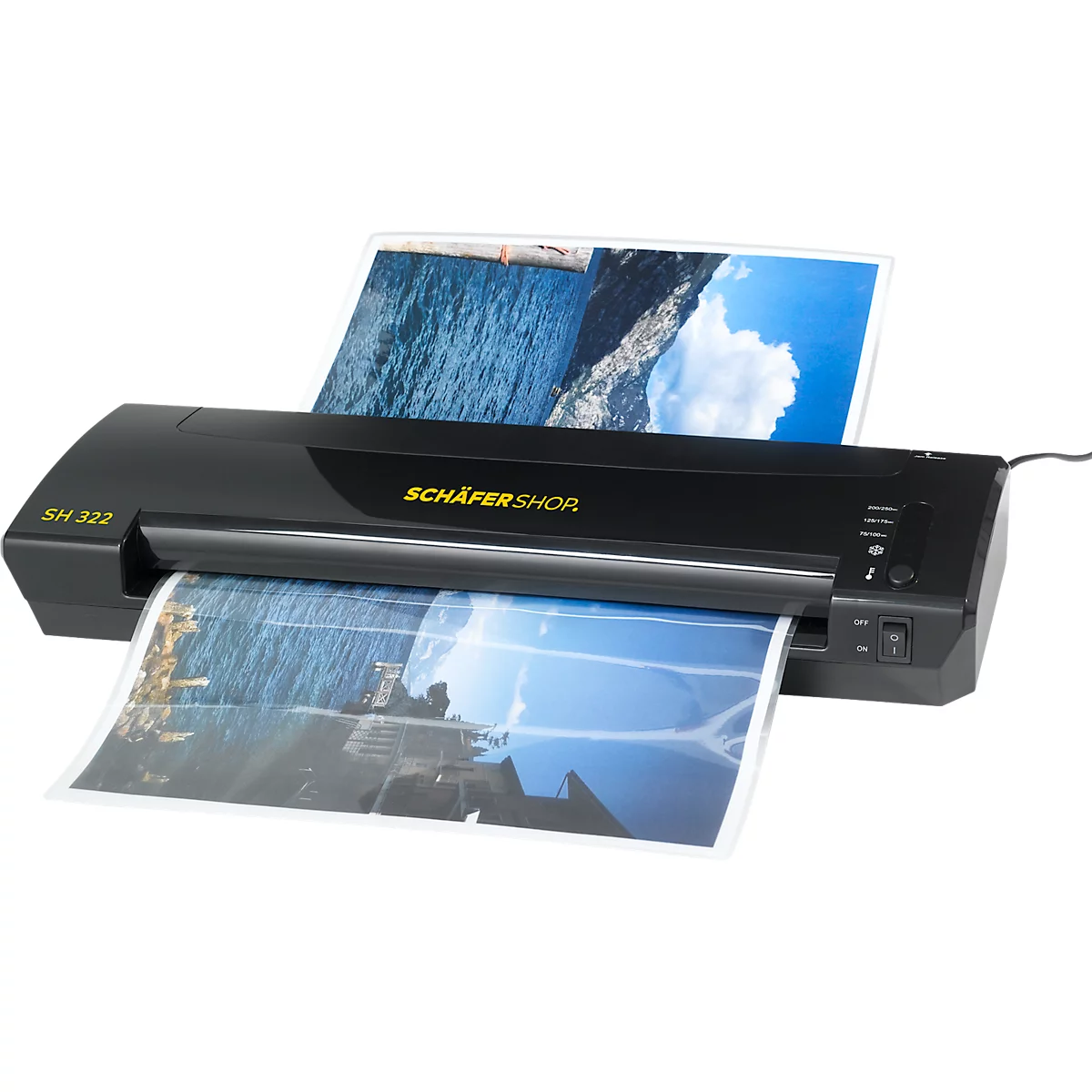 Black laminator with two printed foils. Yellow lettering "Schäfer Shor".