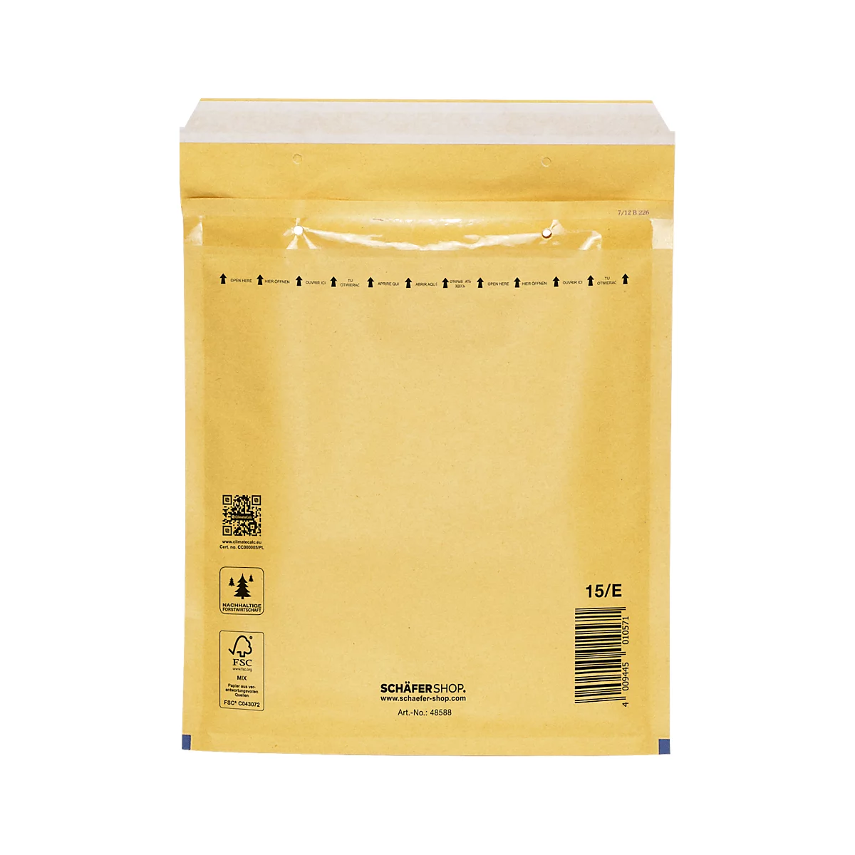 Braune Luftpolstertasche mit weißem Verschluss. Aufdrucke: Logos, 15/E, SCHÄFER SHOP.