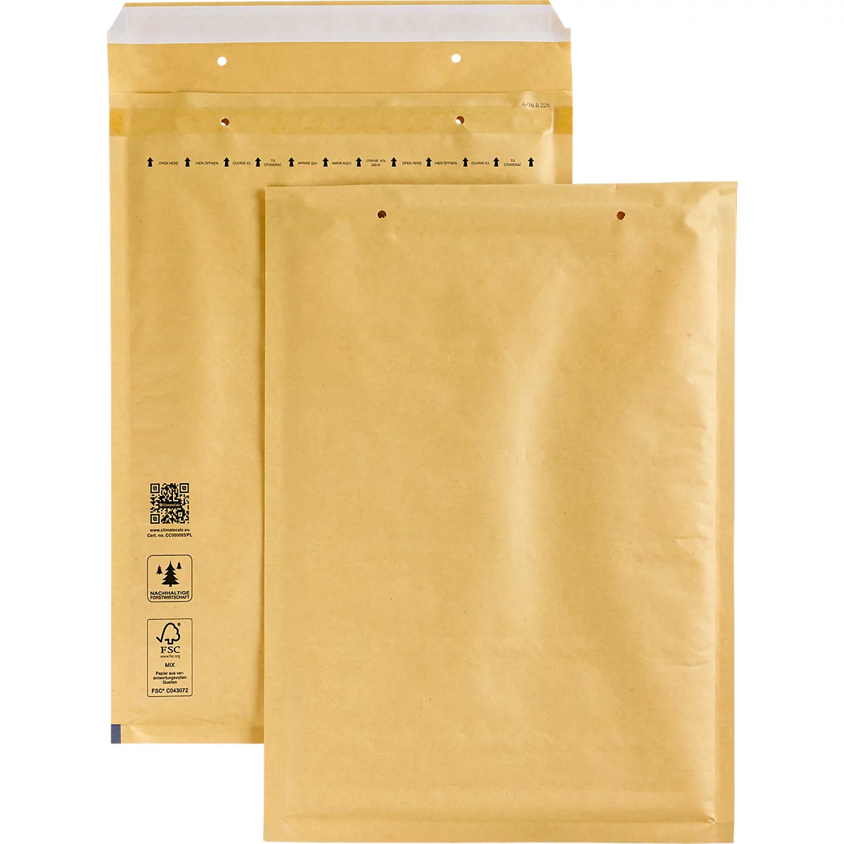 Zwei braune Luftpolstertaschen; eine teilweise geöffnet.